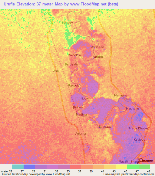 Urufle,Somalia Elevation Map