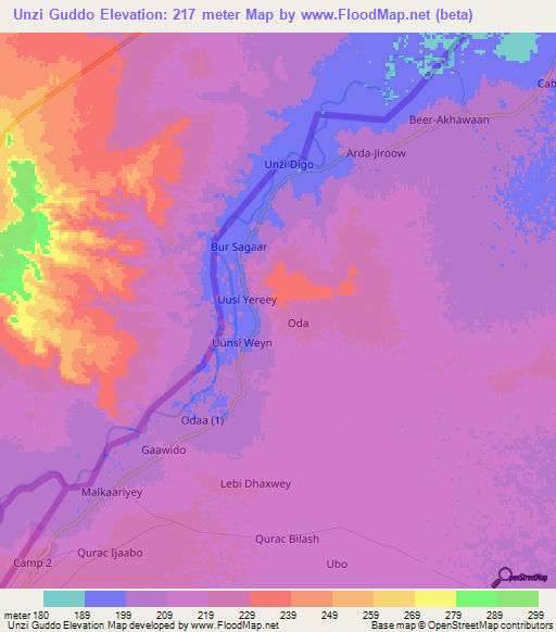 Unzi Guddo,Somalia Elevation Map