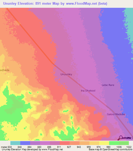 Ununley,Somalia Elevation Map
