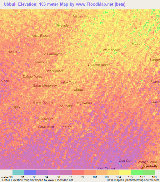 Ubbuli,Somalia Elevation Map