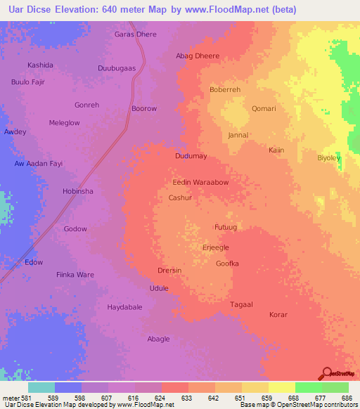 Uar Dicse,Somalia Elevation Map