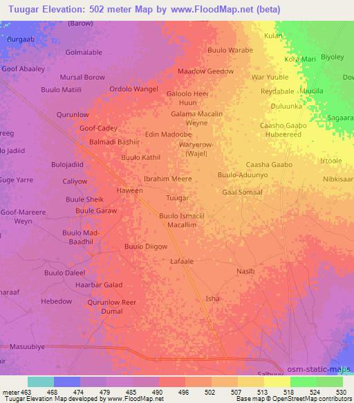 Tuugar,Somalia Elevation Map