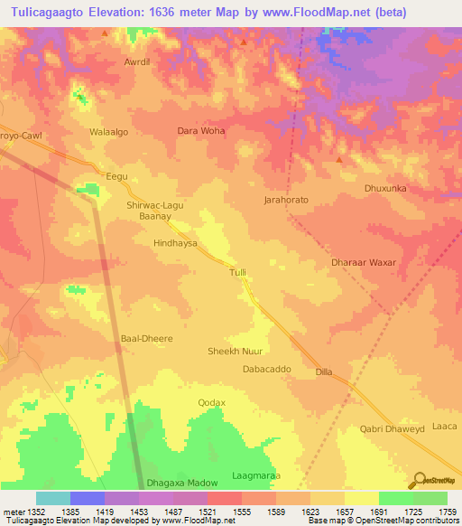 Tulicagaagto,Somalia Elevation Map