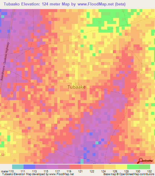 Tubaako,Somalia Elevation Map
