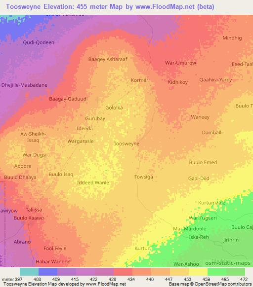Toosweyne,Somalia Elevation Map