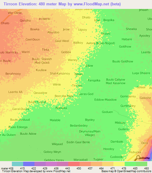 Tirroon,Somalia Elevation Map