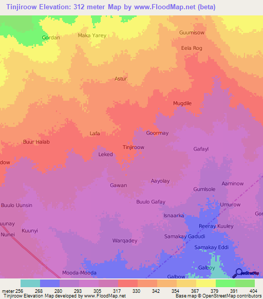 Tinjiroow,Somalia Elevation Map