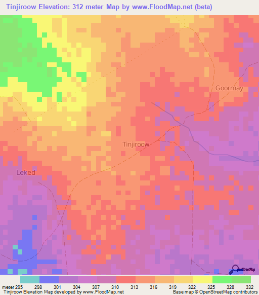 Tinjiroow,Somalia Elevation Map