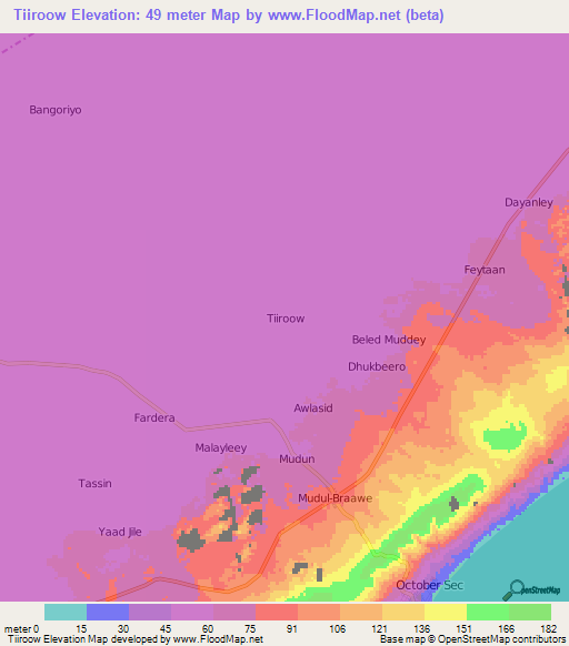 Tiiroow,Somalia Elevation Map