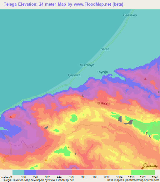 Teiega,Somalia Elevation Map