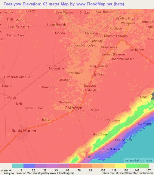 Teesiyow,Somalia Elevation Map
