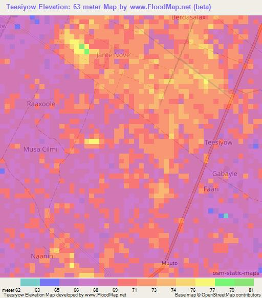 Teesiyow,Somalia Elevation Map