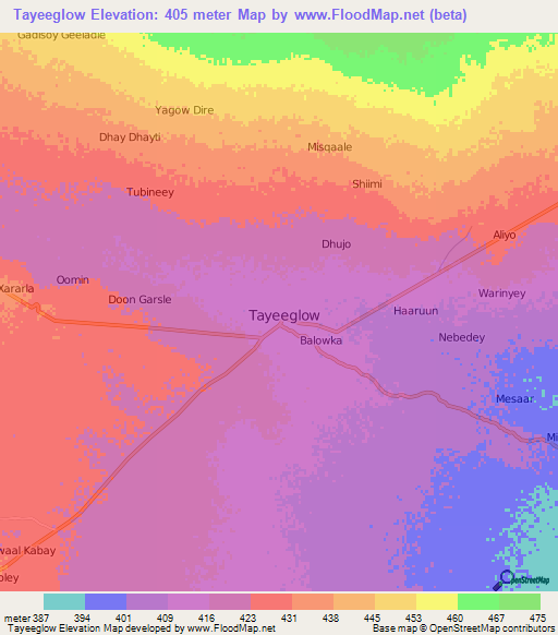 Tayeeglow,Somalia Elevation Map