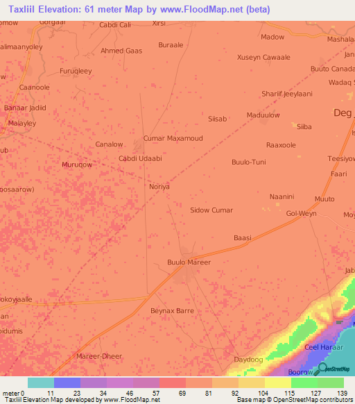 Taxliil,Somalia Elevation Map