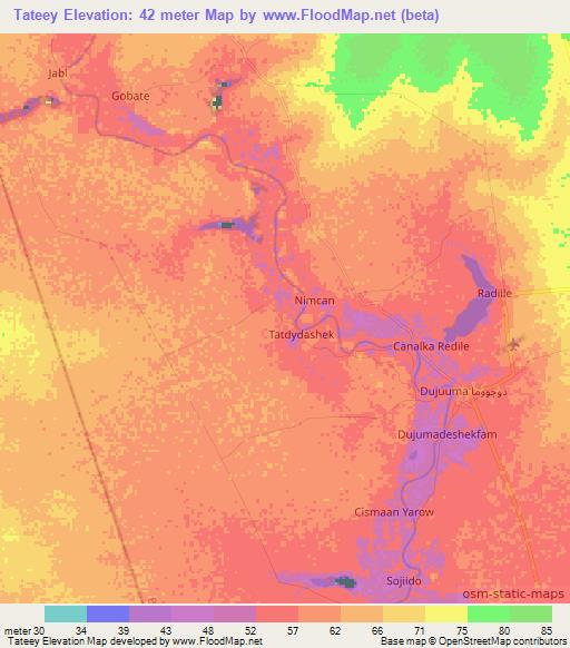 Tateey,Somalia Elevation Map