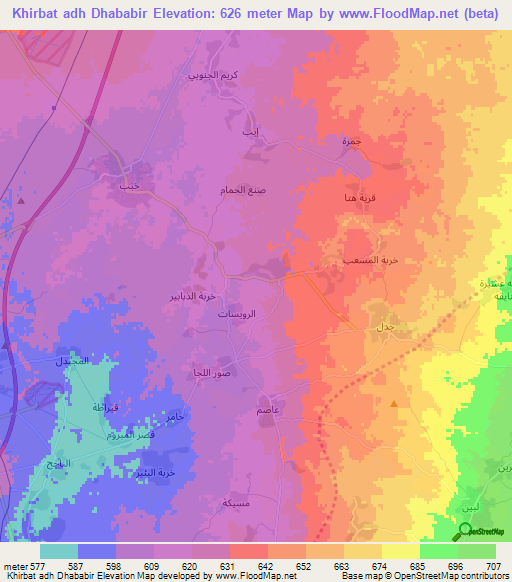 Khirbat adh Dhababir,Syria Elevation Map
