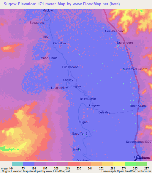 Sugow,Somalia Elevation Map
