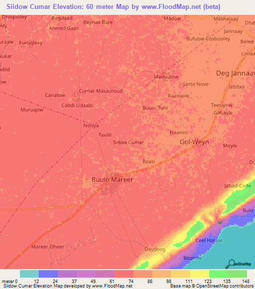 Siidow Cumar,Somalia Elevation Map
