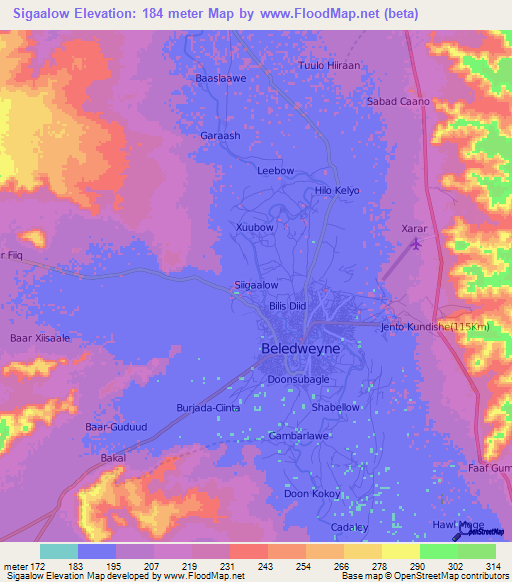 Sigaalow,Somalia Elevation Map