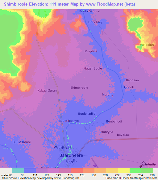 Shimbiroole,Somalia Elevation Map