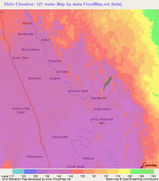 Shiin,Somalia Elevation Map