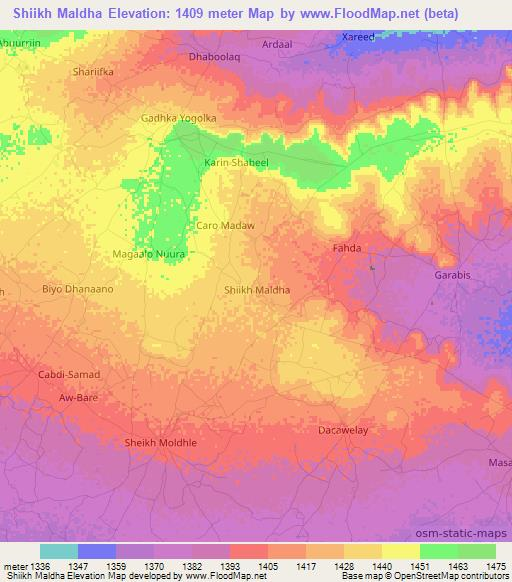 Shiikh Maldha,Somalia Elevation Map