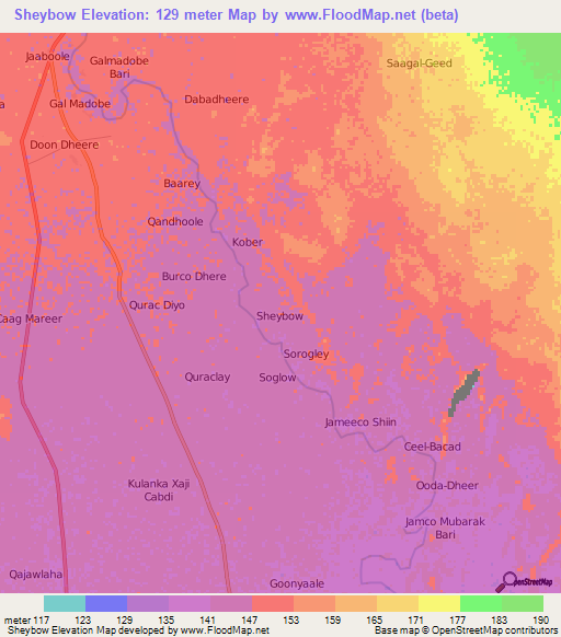 Sheybow,Somalia Elevation Map
