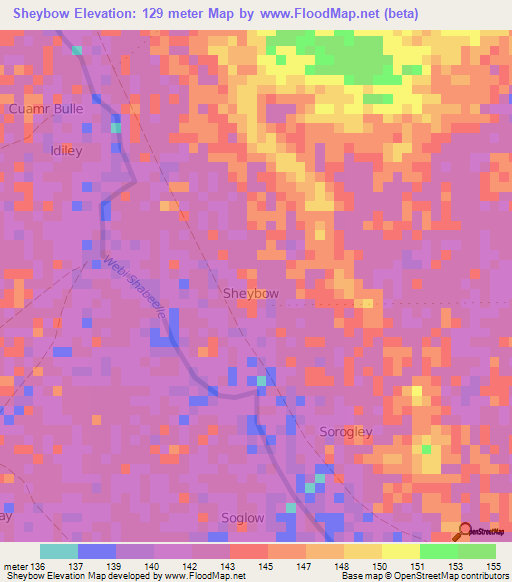 Sheybow,Somalia Elevation Map