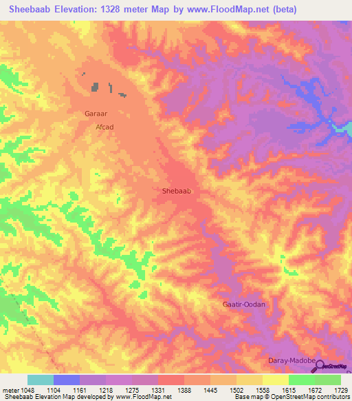 Sheebaab,Somalia Elevation Map