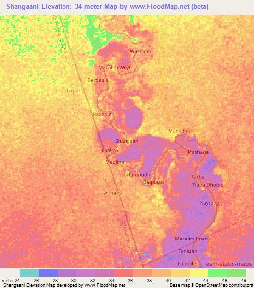 Shangaani,Somalia Elevation Map
