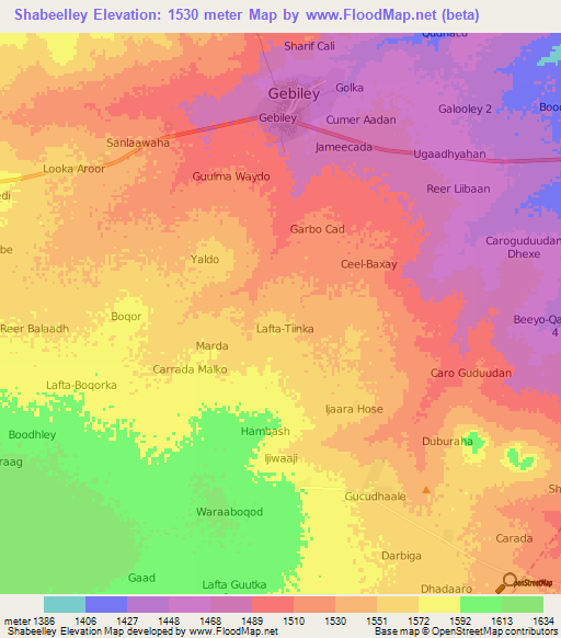 Shabeelley,Somalia Elevation Map