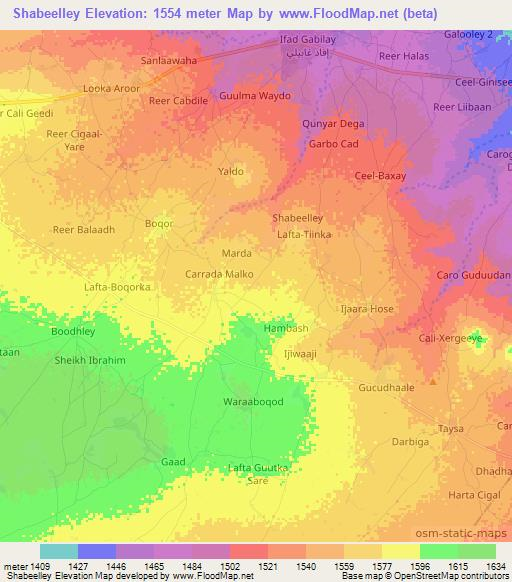 Shabeelley,Somalia Elevation Map