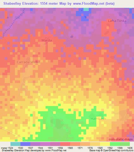 Shabeelley,Somalia Elevation Map