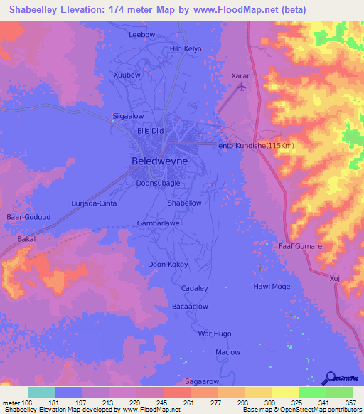 Shabeelley,Somalia Elevation Map