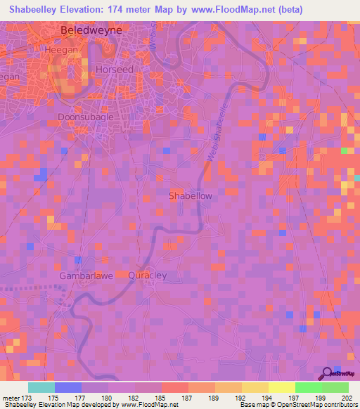 Shabeelley,Somalia Elevation Map
