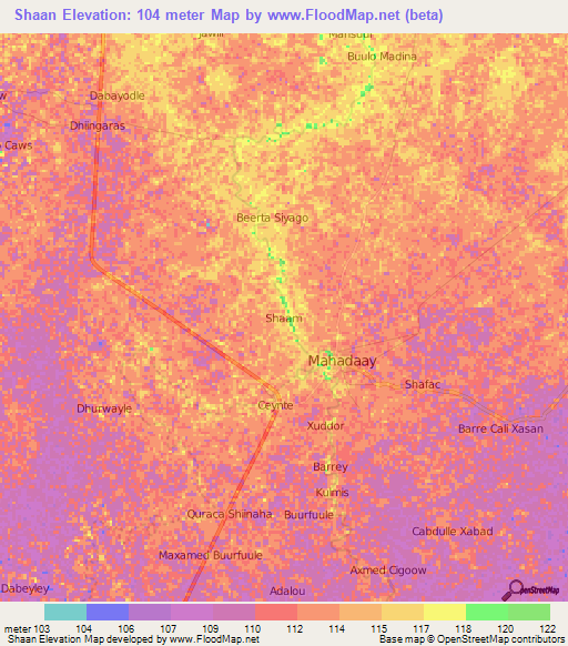Shaan,Somalia Elevation Map