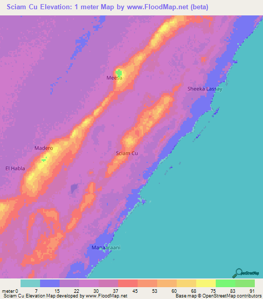 Sciam Cu,Somalia Elevation Map