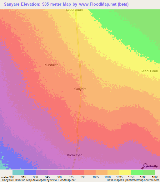 Sanyare,Somalia Elevation Map