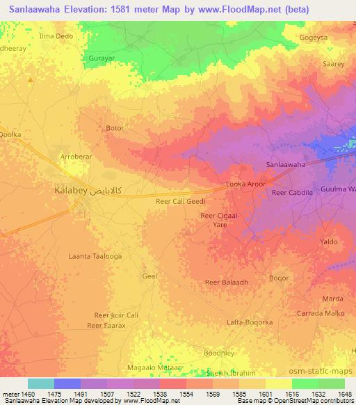 Sanlaawaha,Somalia Elevation Map