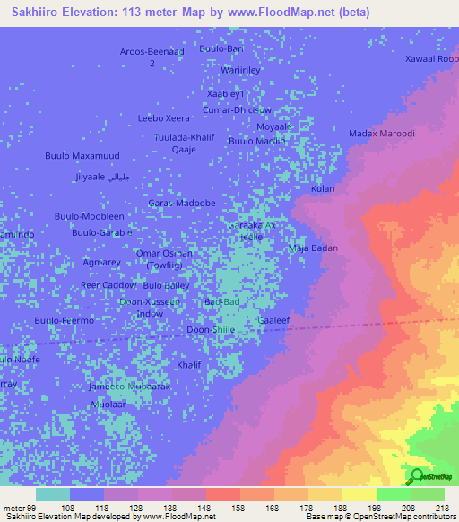 Sakhiiro,Somalia Elevation Map