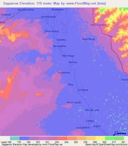 Sagaarow,Somalia Elevation Map