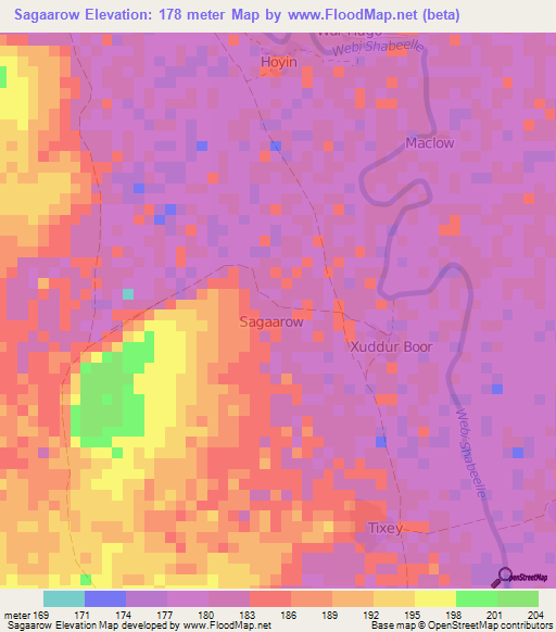 Sagaarow,Somalia Elevation Map