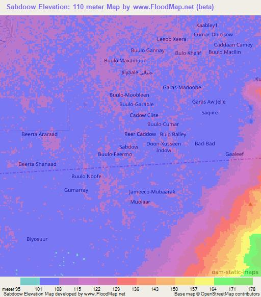 Sabdoow,Somalia Elevation Map