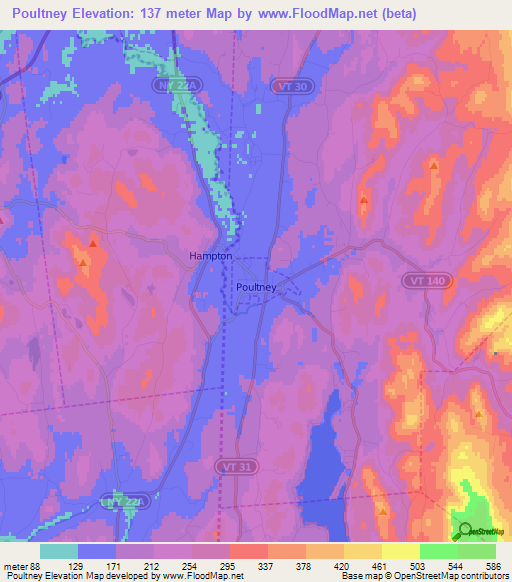 Poultney,US Elevation Map