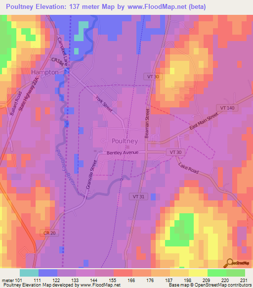 Poultney,US Elevation Map