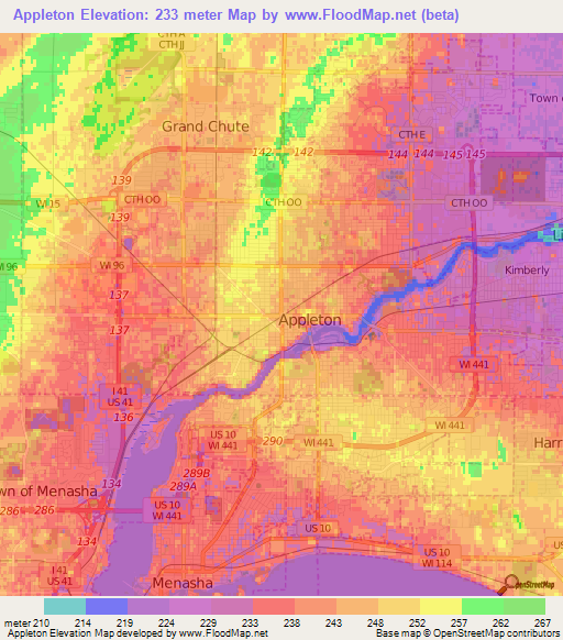 Elevation of Appleton,US Elevation Map, Topography, Contour