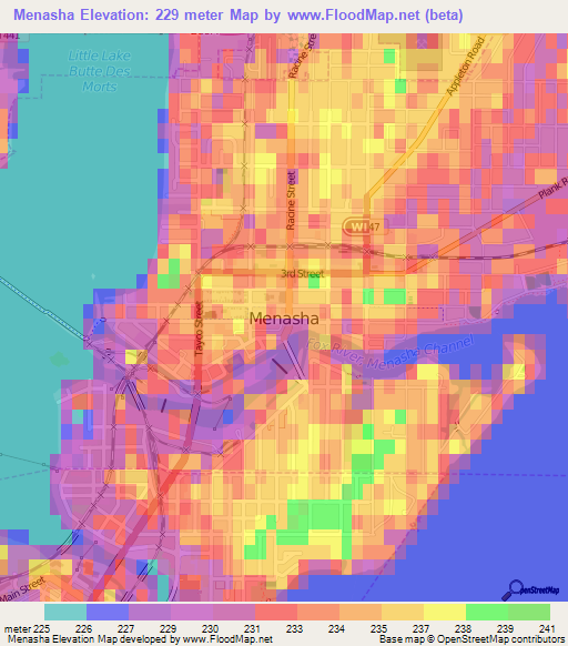 Elevation of Menasha,US Elevation Map, Topography, Contour