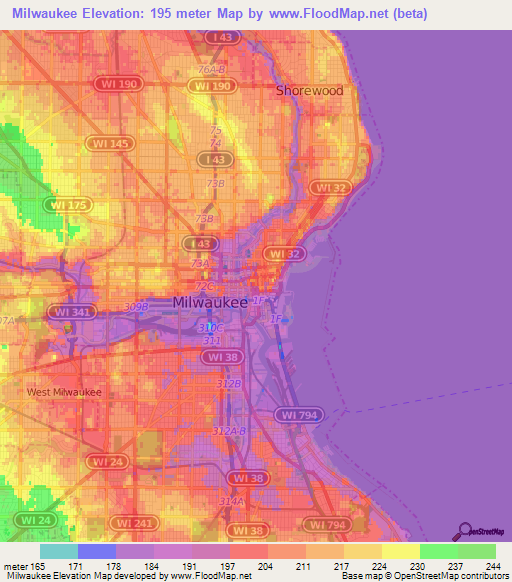 Milwaukee,US Elevation Map