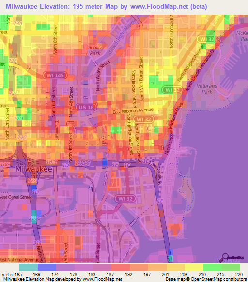 Milwaukee,US Elevation Map