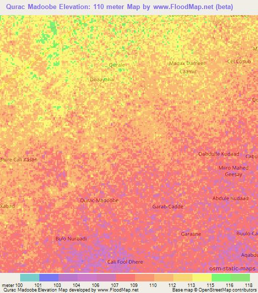 Qurac Madoobe,Somalia Elevation Map